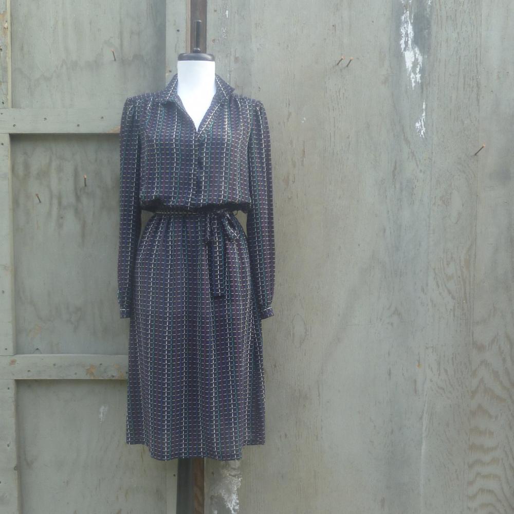 1980s Black Printed Secretary Dress