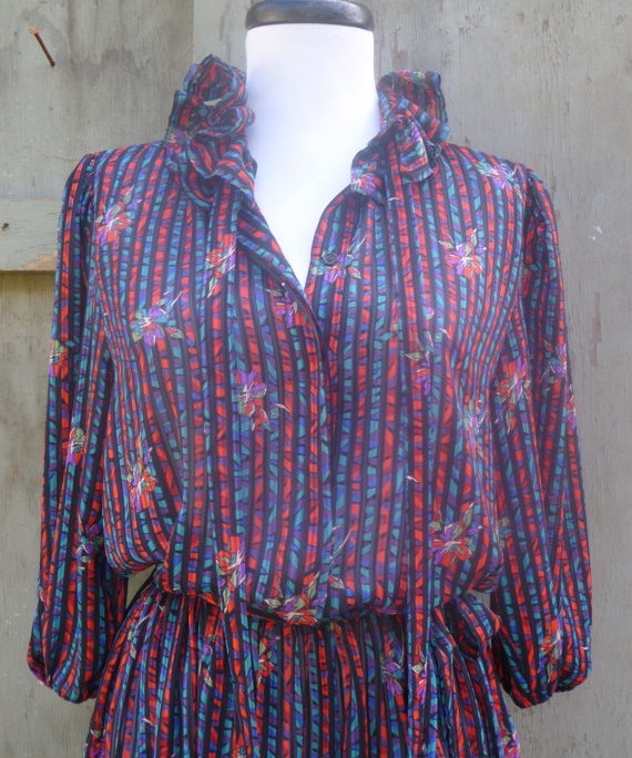 1980s Printed Tie Neck Dress