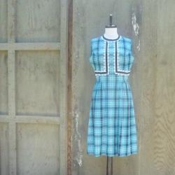 1960s Plaid Day Dress in Turquoise and Black