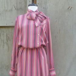 1980s Print Tie Neck Secretary Dress