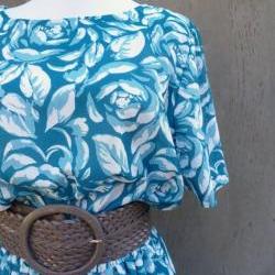 1980s Dress Blue and White Graphic Floral