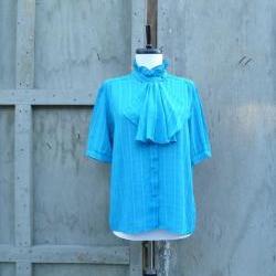 1970s Blouse Teal Ruffle Neck Button Front